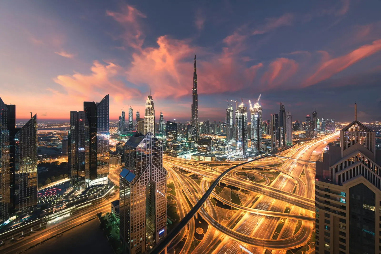 City skyline at dusk